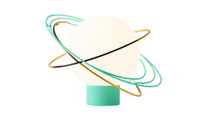 Abstract modern ovular lamp with orbiting colorful rings against a stark black background