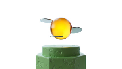 A bright yellow oval capsule with delicate translucent wings appears to hover above a green hexagonal pedestal against a stark black background