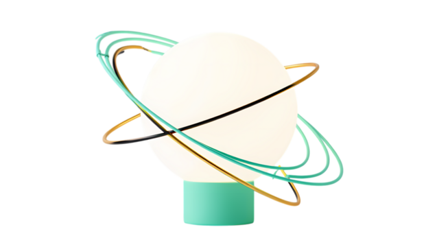 Abstract modern ovular lamp with orbiting colorful rings against a stark black background