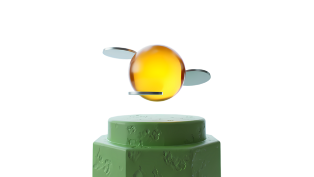 A bright yellow oval capsule with delicate translucent wings appears to hover above a green hexagonal pedestal against a stark black background