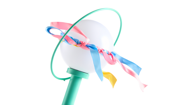 A decorated white easter egg on a green stick with colorful ribbons and a green wire loop against a black background