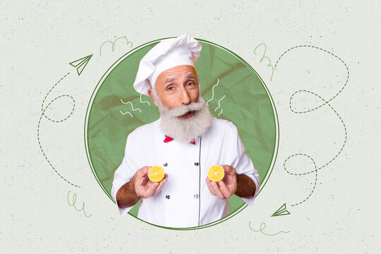 Pop poster collage of chef person hold lemon stand on green circle frame background