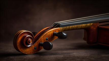Violin detail instrument  with tuning pegs. String bass tailpiece