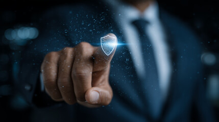 businessman using biometric fingerprint scanner on futuristic digital interface, data encryption and cybersecurity protection, secure login system in blue tech environment Keywords