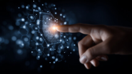hand touching virtual HUD screen with fingerprint recognition, cyber defense system interface with hexagons and digital code, identity verification in secure data network Keywords:
