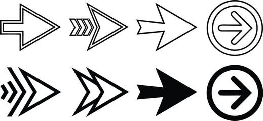 Collection of arrow symbols pointing right direction with various styles and forms for design and navigation purposes black and white