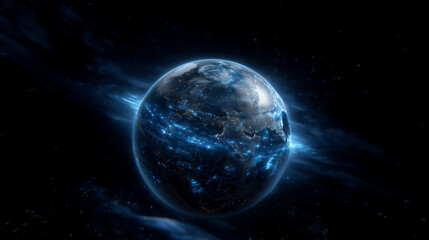 futuristic Earth in deep space with data visualization overlays, glowing holographic elements, digital network lines wrapping the planet, sci-fi style Keywords: futuristic Earth, h