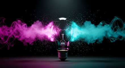 Fractured light bulb surrounded by contrasting vibrant magenta and cyan smoke plumes against a dark background