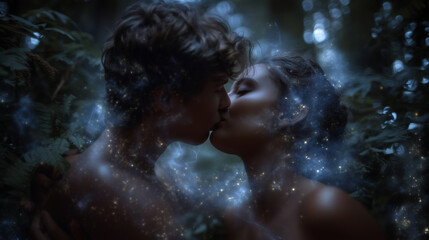 young lovers sharing a kiss in a magical forest at night, twinkling lights, moonbeams through trees, soft glowing ambiance, enchanted romantic setting Keywords: magical kiss, encha