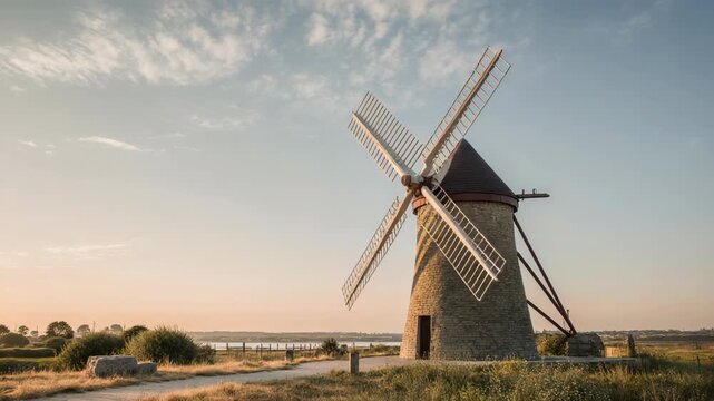 Historic windmill stands tall against a serene sky in a rural landscape at sunset