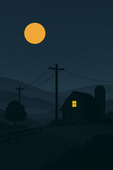 Minimalist Suburban Night Scene with Full Moon and Power Lines