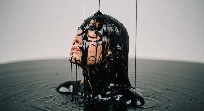 Woman submerged chest deep in black sticky oil, deeper meaning of drowning in dark thoughts, loosing oneself to stress and difficult situations in life, emotional grief.