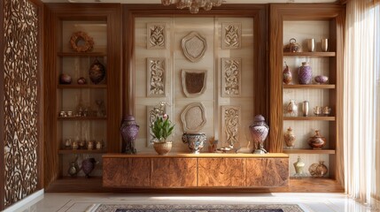 Wooden wall unit with decorative ornaments in a cozy interior setting