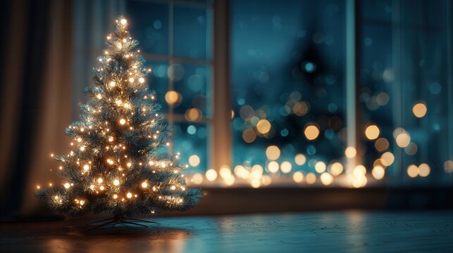 A decorated Christmas tree with glowing lights stands in a cozy room. Soft bokeh lights are visible through the window, creating a warm holiday atmosphere.