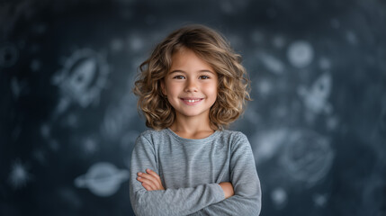 A smiling child standing confidently in front of a chalkboard, wearing a drawn-on astronaut suit, surrounded by hand-drawn rockets, planets, and stars, symbolizing imagination and