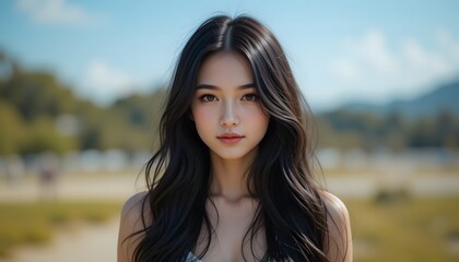 Fototapeta premium Beautiful young woman with long black hair