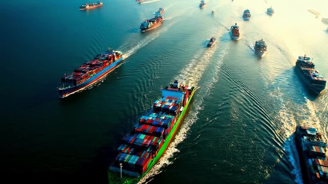 An aerial view of a maritime shipping lane filled with vessels in transit demonstrating the dynamic movement of goods and the importance of maritime transport in international commerce.