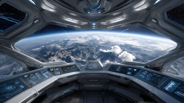 nterior of a futuristic space station with panoramic windows showing Earth from orbit, sleek white design, control panels, digital HUD overlays space station interior, Earth from s