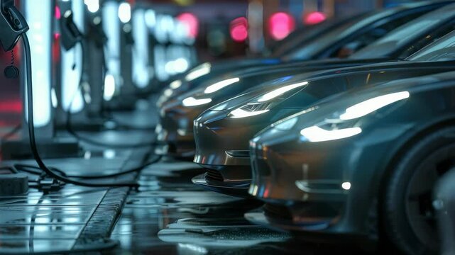 Row electric vehicles are parked at charging station, illuminated by neon lights, reflecting cars' sleek design, highlighting shift towards clean energy transport options.