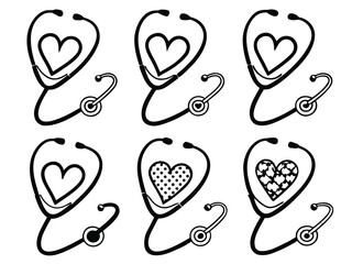 Stethoscope with heart shape variations representing healthcare and medical profession in a modern black and white design for medical graphics