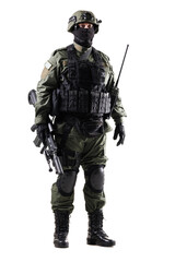 Obraz premium Military special operations soldier dressed in full tactical gear and holding combat equipment
