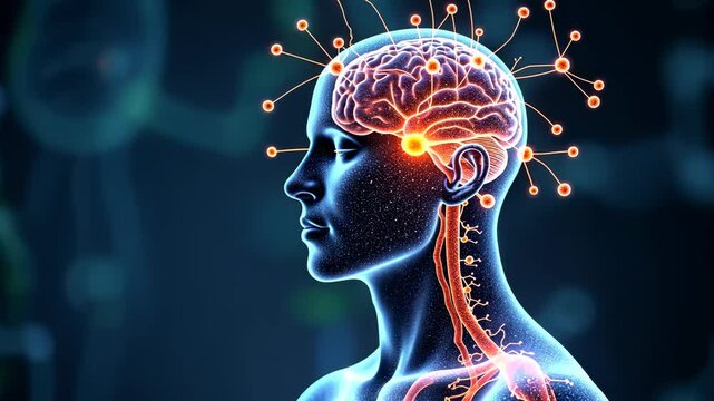 Human anatomy, neural pathways, brain signaling. Cognitive function. Neurons transmit through synaptic gaps. Brain activity regulates neural impulses. Nervous system supports cognitive performance.