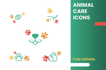 Colorful Animal Care Icons With Paws Faces And Pet Outlines For Veterinary Or Pet Services