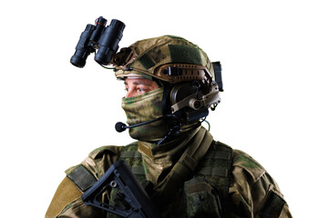 Fototapeta premium Military soldier equipped with advanced tactical gear and night vision devices