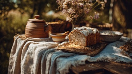 Rustic outdoor picnic with fresh multigrain bread on wooden board, pottery dishes, and linen tablecloth in natural setting