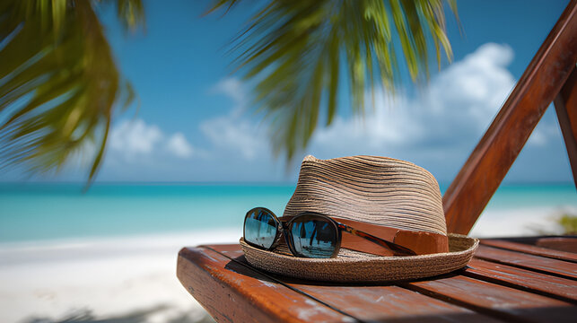 Straw hat and sunglasses on beach tropical paradise. Straw hat and sunglasses on a sandy beach Summer vacation waterback