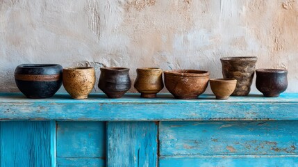 Obraz premium Set of handcrafted clay dishes arranged on a blue wooden table with a white background
