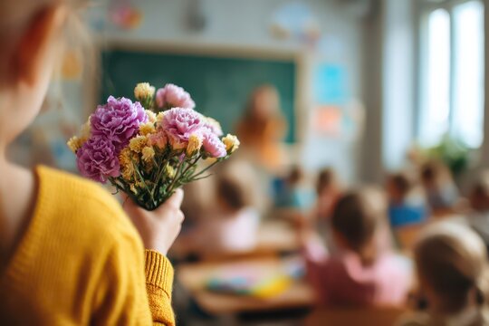Hands of children holding flowers during the first bell celebration in a classroom with students eagerly listening to their teacher