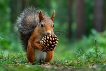 Obraz premium Squirrel holds a large pine cone in a lush forest, showcasing nature's playfulness during a sunny afternoon