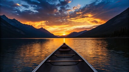 Canoe on calm lake at sunset with dramatic sky and mountain reflections