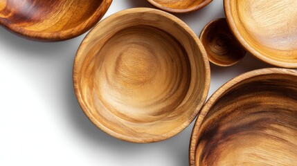 Set of round empty wooden bowls seen from above on white background
