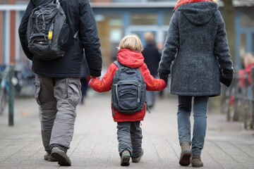 Child walks to kindergarten holding hands with parents on the first day of school, excited for a new academic journey outdoors in early morning light