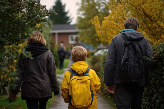 Walking a child to kindergarten on a crisp fall day among colorful trees, celebrating the start of a new school year with anticipation and excitement