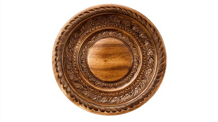 Top view of an antique wooden plate with intricate patterns, used for serving food or coffee, isolated on white background