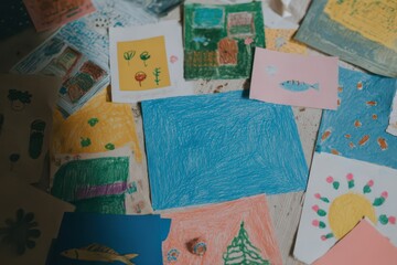 Colorful children's drawings celebrating the school year, showcasing creativity and joy during the first day of classes