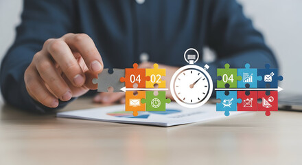 Business person connecting puzzle pieces with timer concept time management