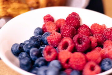 Fresh Raspberries and Blueberries in a White Bowl – Healthy Summer Fruits