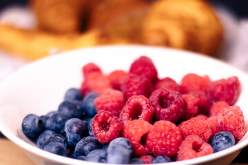 Fresh Raspberries and Blueberries in a White Bowl – Healthy Summer Fruits