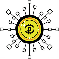Stylized Bitcoin Cryptocurrency Symbol with Radial Lines and Square Elements.