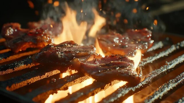 Close-up video shot of sizzling meat on a grill, capturing the rich textures and flames. The angle highlights the juicy, caramelized surface.
