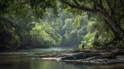 Fototapeta premium Crocodile resting on riverbank in lush tropical rainforest