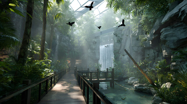 Birds flying in tropical rainforest biodome with waterfall