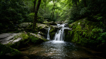 Fototapeta premium Waterfall cascading over moss covered rocks in lush forest
