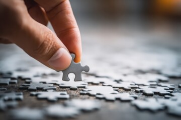 Person's hand carefully placing the final missing piece into completed jigsaw puzzle on wooden surface creating problem-solving and completion concept