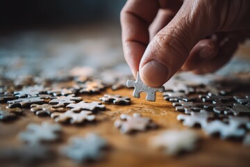 Person's hand carefully placing the final missing piece into completed jigsaw puzzle on wooden surface creating problem-solving and completion concept