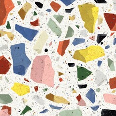 Naklejka premium Vibrant terrazzo stone pattern with multicolored fragments including pink, yellow, white, black and teal pieces scattered on gray background creating modern decorative surface